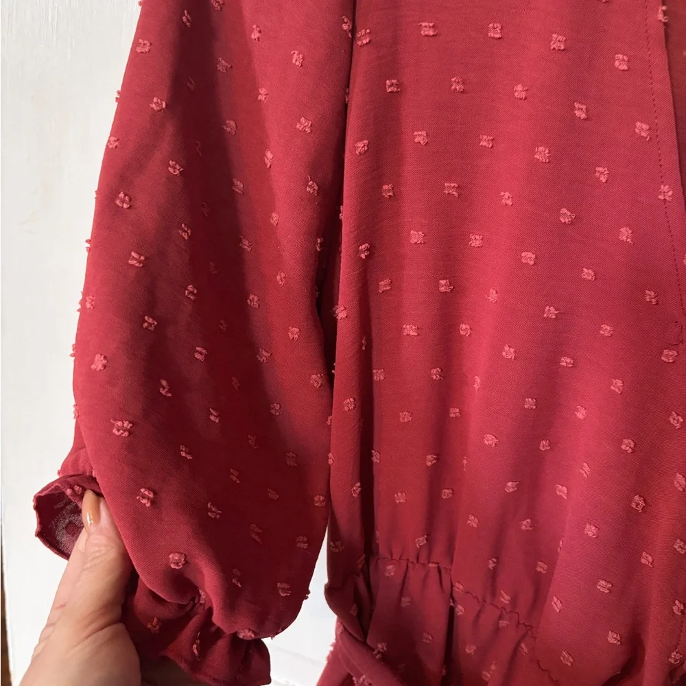 Women’s Midi Wrap Dress with Textured Dot Detail - Burgundy - Picture 4 of 4